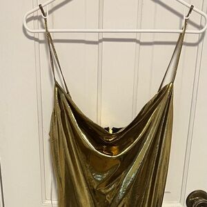 Lulus Gold Long Spaghetti Strap Dress with High Slit